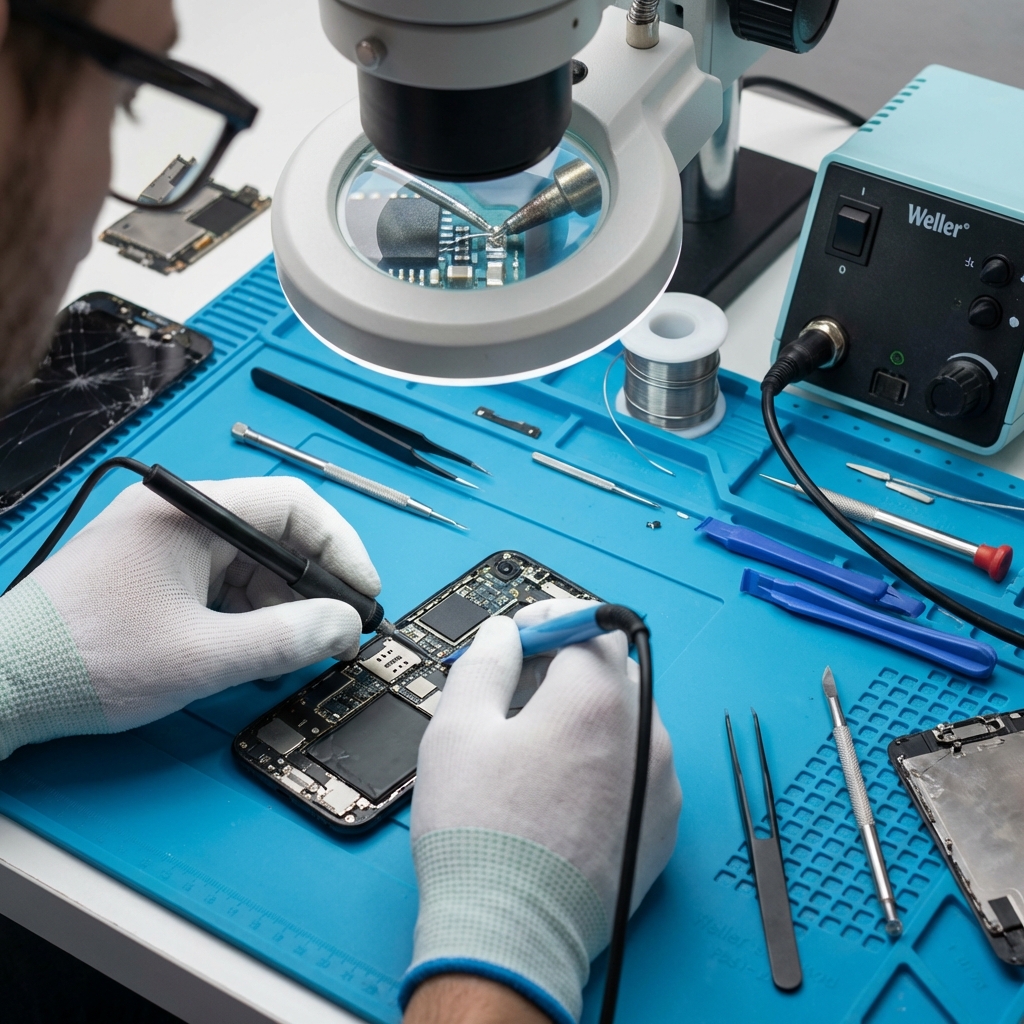 Tech Doctor repair workshop with tools and devices